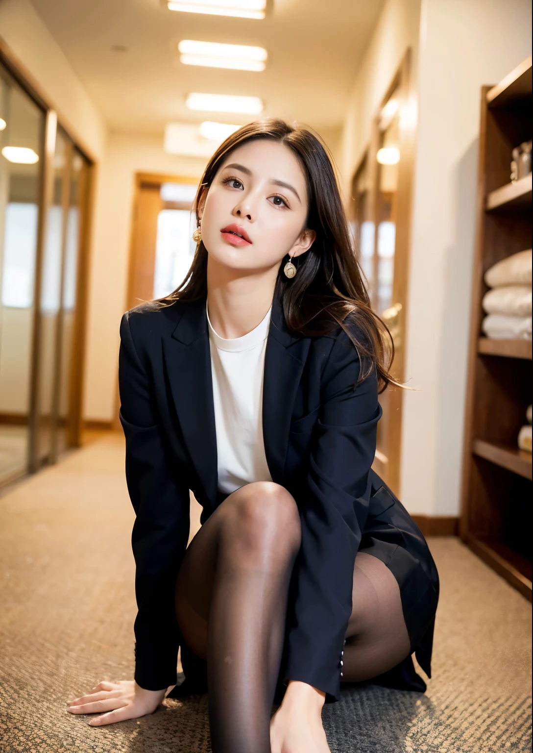 ulzzang-6500-v1.1, (RAW photo:1.2), (Photoreal), (genuine:1.4), 1with a girl、very cute girl、、game_ticker, オーシャンブルーのeye(eye), (very affectionate smile:1.2), (strict business suit:1.3), Business Fashion、I'm working、(super realistic pantyhose:1.2), curly hair、realistic skin texture、shiny skin、exposed thighs!!! , Makeup、eye shadow、