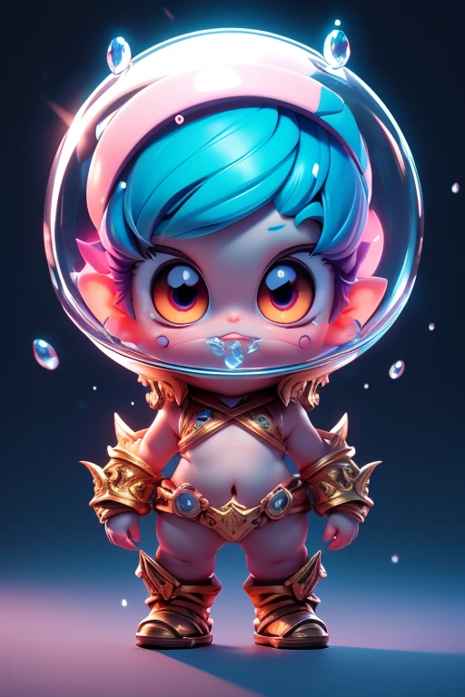Create a monster image, a small, big-headed, baby monster.. The body is transparent and can be seen through. The image is sharp and detailed., with beautiful colors.. With arms, leg, eyes, mouth, พื้นหลังสีlegว