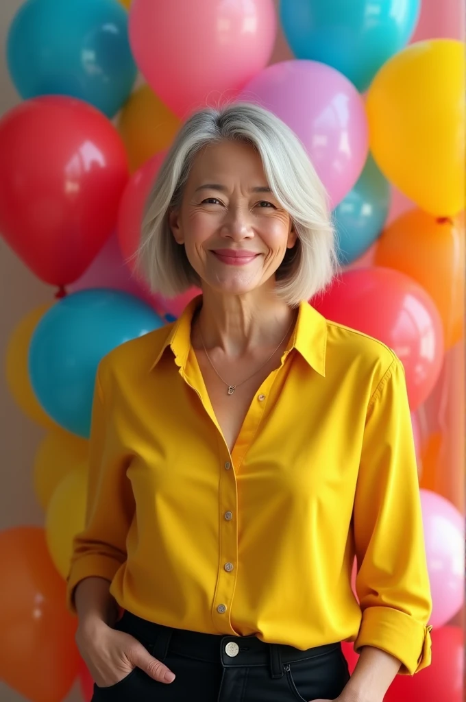 Realistic, beautiful senior 50 years woman short bob hair, thin smile, wearing yellow shirt and black pants, balloons on the background, birthday party atmosphere