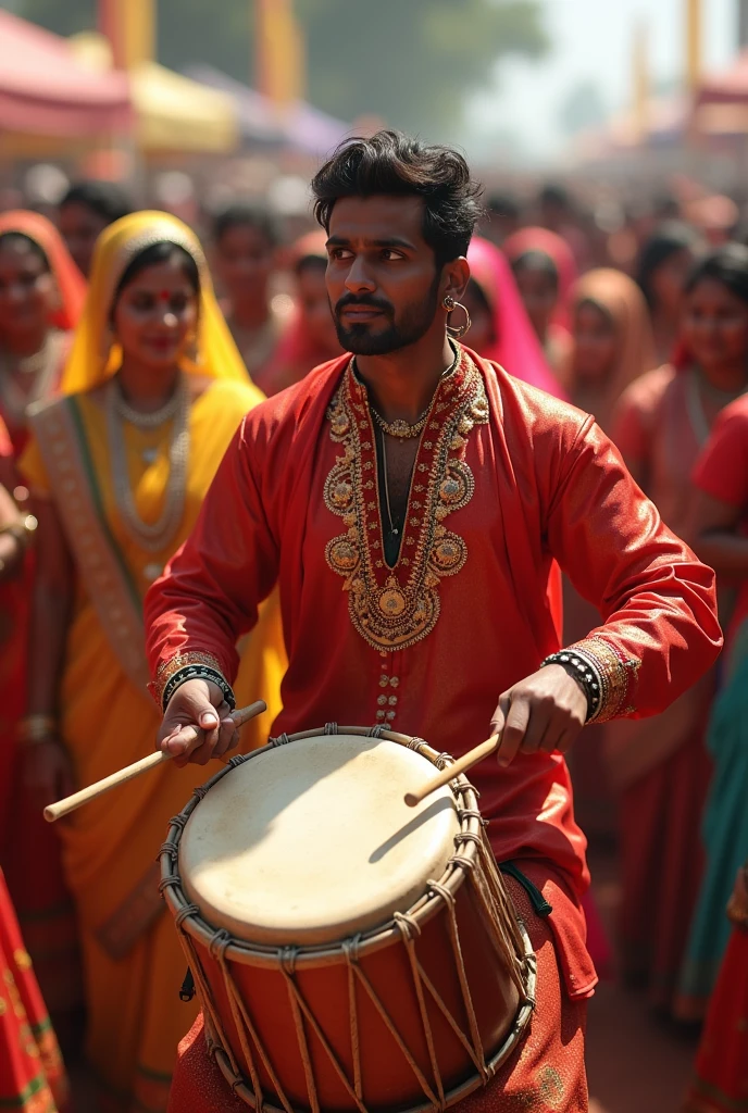 handsome and charming ethnic man, playing dhol with sticks, two sided drum, with beautiful 140 girls, in Gujarat, raas,