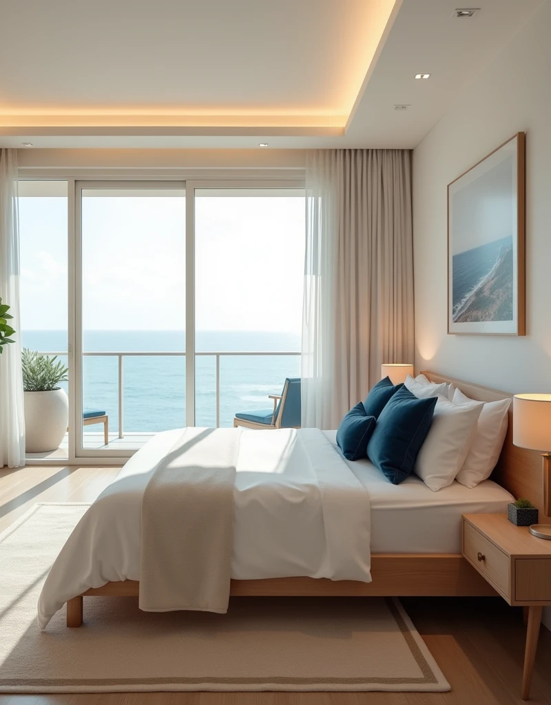 A luxurious bedroom interior in a modern beachside home, featuring a king-sized bed with white linens and soft blue throw pillows, a natural wood headboard, and a cozy rug. Large sliding glass doors open to a private balcony with ocean views. The room is bathed in warm sunlight, creating a tranquil and inviting atmosphere. The background includes elegant bedside tables and a minimalist piece of coastal artwork. hd quality, soft lighting, serene and calming, coastal luxury, minimalist design, airy and spacious, --ar 4:3 --v 6.0
