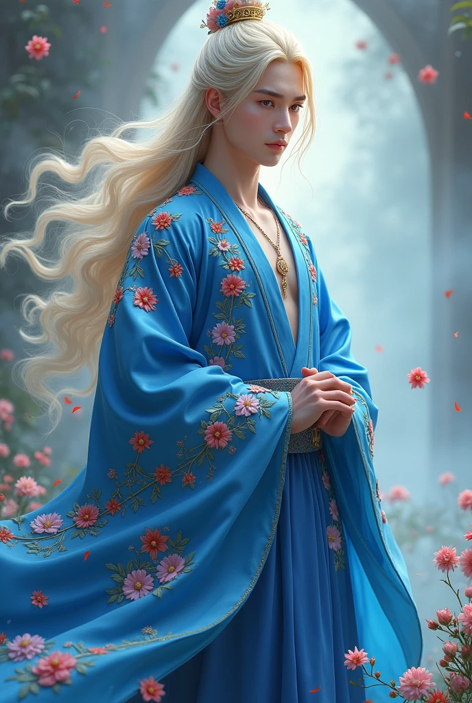 Young man, solo, (((blue dress))), flowers, jewelry, long sleeves, wide sleeves, chinese clothes, hanfu, embroidery, long skirt, long flowing blonde hair, detailed face, detailed beautiful eyes, (intricate:1.3), (arcane aura:1.2), (dreamlike:1.3), (subtle mist:1.1),(vibrant colors:1.2), (detailed hair:1.3), (ultra realistic details:1.5),