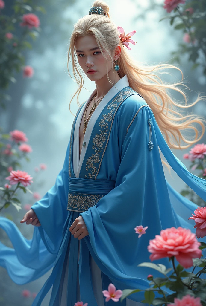 Young man, solo, (((blue dress))), flowers, jewelry, long sleeves, wide sleeves, chinese clothes, hanfu, embroidery, long skirt, long flowing blonde hair, detailed face, detailed beautiful eyes, (intricate:1.3), (arcane aura:1.2), (dreamlike:1.3), (subtle mist:1.1),(vibrant colors:1.2), (detailed hair:1.3), (ultra realistic details:1.5),