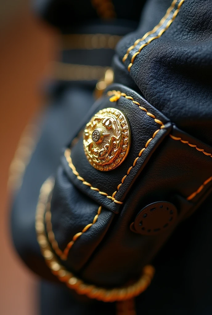 Close-up of the gold stitching and hardware