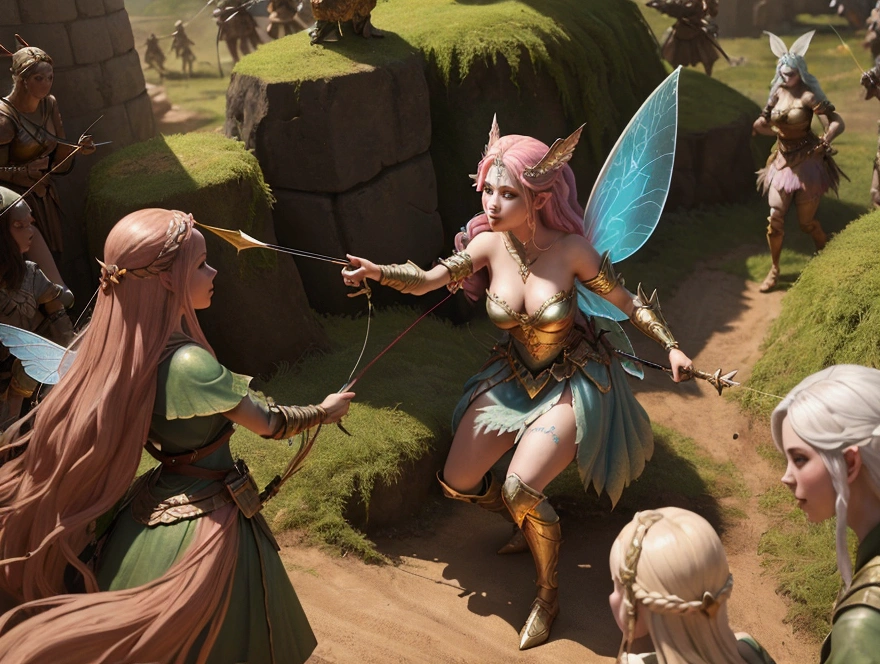 a fair-skinned female fairy leads her army at war in a magical land full of monsters using a bow and arrow. Without wings. professional. 3D. ,ultra realistic, Very detailed, digital art. Game art