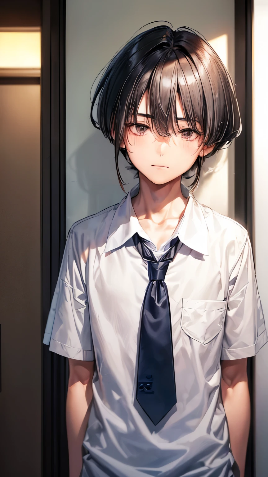 A Japanese innocent and frightened boy (( boy’s body, slender)), gray short hair(( voluminous straight hair ))(( much shaggy lob forelock:1.3)),((summer school uniform for men’s )) ((no necktie)), sparkly blue big round droopy eyes, blush, gentle and stiff smile((closed mouth)), cute face, gentle and anxious atmosphere, eyelashes , waiting posing, (( face focus:1.4)),((best quality))