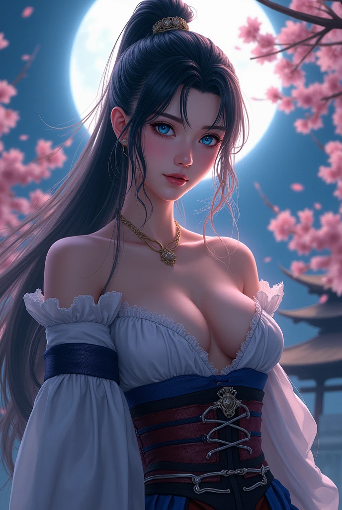 (Realistic:1.5, 8k, Highest quality, masterpiece, Ultra-high resolution), sengoku, god秘的:1.3, Highly detailed skin and facial textures:1.3, Beautiful female samurai with a Japanese sword:1.1, Very large breasts、Sexy beauty,Muscular、 Perfect Style, god,  Fair skin, Very beautiful face, whole body、(Center of chest, Chest gap), (A shy smile, Her expression when she felt intense caresses, Facial expressions when feeling happy), (let me&#39;Wearing a sexy Sengoku uniform:1.1, Off the shoulder), (Beautiful Blue Eyes, Beautiful erotic eyes:0.8), (Too erotic:0.9, attractive:0.9), whole bodyショット, 背景にある日本のgod社、Cherry Blossoms at Night