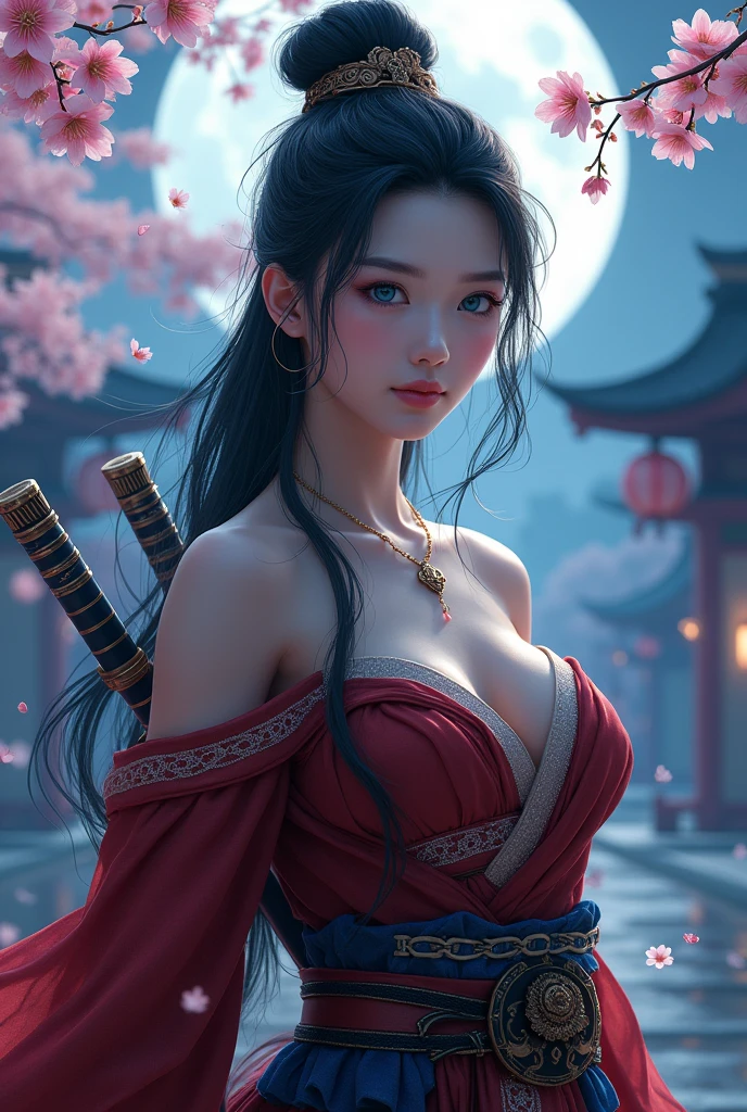 (Realistic:1.5, 8k, Highest quality, masterpiece, Ultra-high resolution), sengoku, god秘的:1.3, Highly detailed skin and facial textures:1.3, Beautiful female samurai with a Japanese sword:1.1, Very large breasts、Sexy beauty,Muscular、 Perfect Style, god, Fair skin, Very beautiful face, whole body、(Center of chest, Chest gap), (A shy smile, Her expression when she felt intense caresses, Facial expressions when feeling happy), (let me'Wearing a sexy Sengoku uniform:1.1, Off the shoulder), (Beautiful Blue Eyes, Beautiful erotic eyes:0.8), (Too erotic:0.9, attractive:0.9), whole bodyショット, 背景にある日本のgod社、Cherry Blossoms at Night