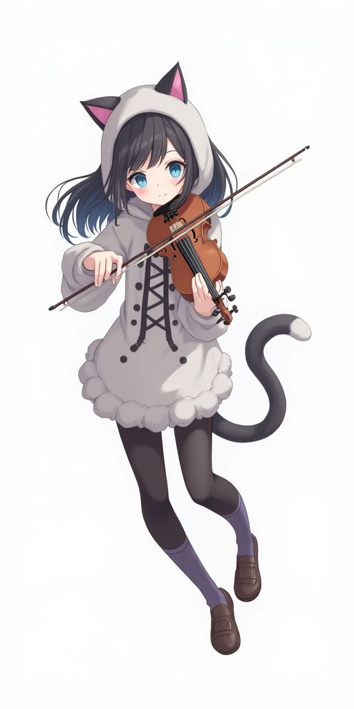 anime girl with iwith cat costume, (ponytail forehead hair pulled back:1.3), (black hair:1.3), 1girl, solo, long hair, blue eyes, simple background, black hair, gloves, white background, holding, animal ears, closed mouth, jacket, tail, full body, grey hair, pantyhose, multicolored hair, cat ears, cat tail, animal ear fluff, cat girl, instrument, music, playing instrument, holding instrument, violin, anime style, from girls frontline, fine details. girls frontline, girls frontline universe, girls frontline style, girls frontline, girls frontline cg, soft anime illustration, 2 0 2 2 anime style, 2022 anime style, pixiv contest winner, pretty anime character design, render of april
