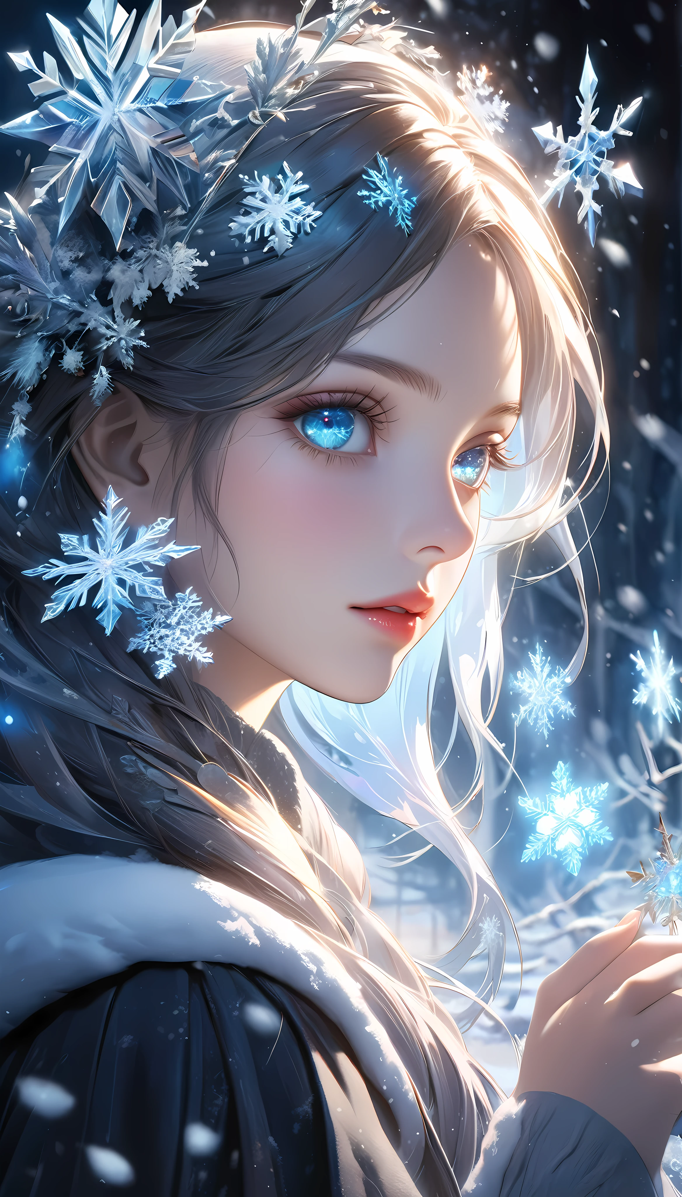 a snowy landscape, dark canvas, transparent sparkling snowflakes falling, transparent holographic reflections, surreal scenery created by snowflakes, leaves the viewer speechless, beautiful world, 1girl, detailed eyes, detailed lips, extremely detailed face, long eyelashes, beautiful detailed portrait, elegant, serene expression, winter, high quality, 8k, photorealistic, hyperrealistic, studio lighting, physically-based rendering, vivid colors, cinematic lighting, dramatic lighting, soft lighting, dramatic contrast, glowing snowflakes, icy, frozen, cold, crystal clear, ethereal, dreamlike, mystical, magical, fantasy, concept art