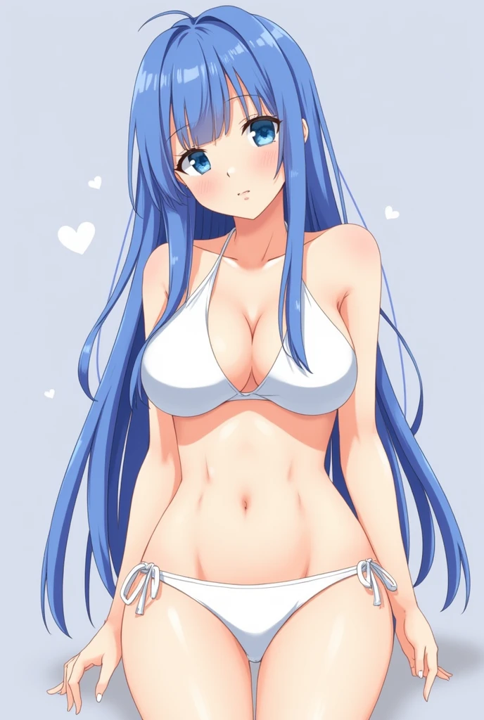  detailed eyes, (ultra sad), 1girl, blue hair, long hair, ahoge, (white bikinis), blue eyes, thin breasts, simple background, best quality, ultra-detailed, ,tadano_yukiko, 