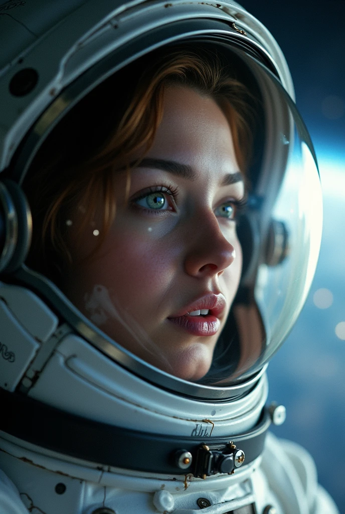 female astronaut j0rd7nj0n3s  in space, beautiful face, realistic photo, (portrait), [smoke], [haze], natural lighting, shallow depth of field, photographed on a Canon EOS-1D X Mark III, 50mm lens, F/2.8, (intricately detailed, hyperdetailed), ((RAW color)), sharp focus, HDR, 4k resolution, Cinematic film
