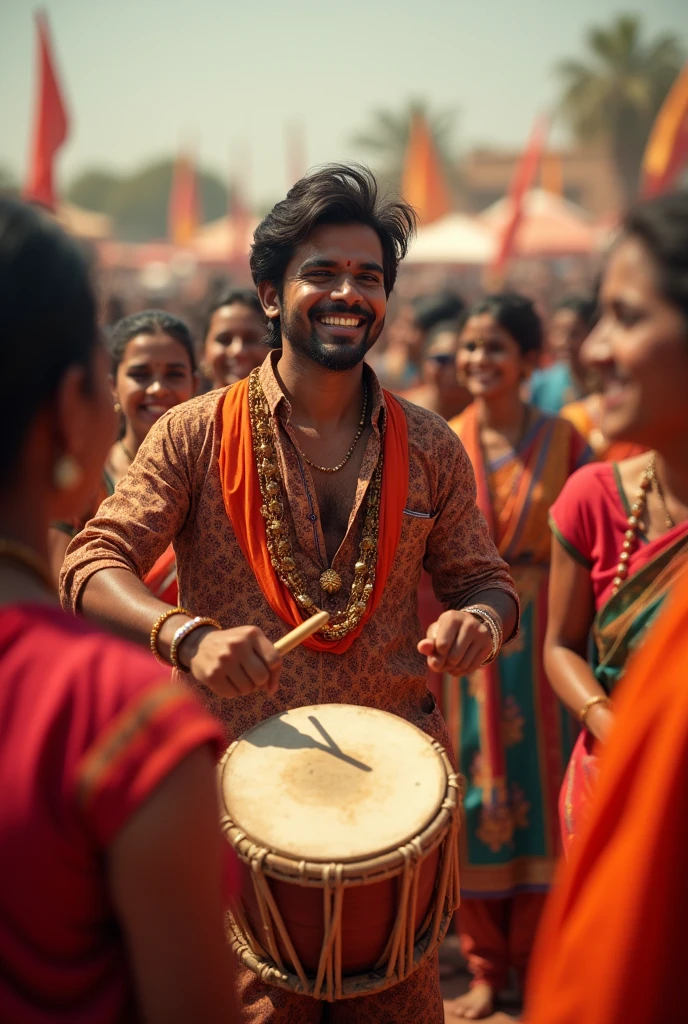 handsome and charming ethnic man, playing dhol with sticks, two sided drum, with beautiful 140 girls, in Gujarat, raas, 