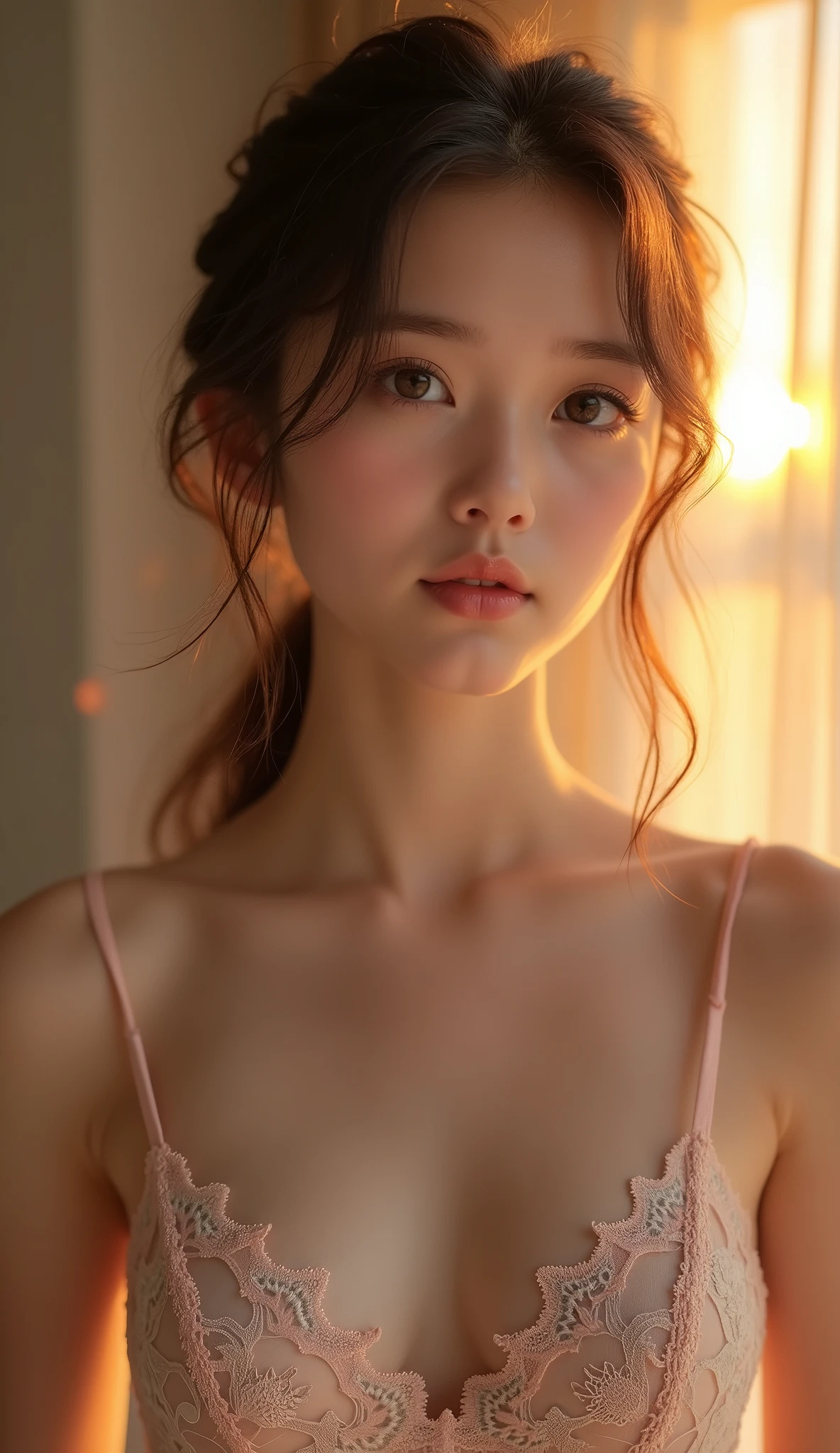 raw photo, 1young girl, kawaii, brown eyes, unique, individual, distinctive face, extremely detailed eye and face, fair skin, lace cute bra, beautiful breasts, upper body, (Best Quality, highly detailed:1.2) High-definition raw color photos, professional photograpy, Realistic portrait, sunset shining through the window, breathtaking beauty, 