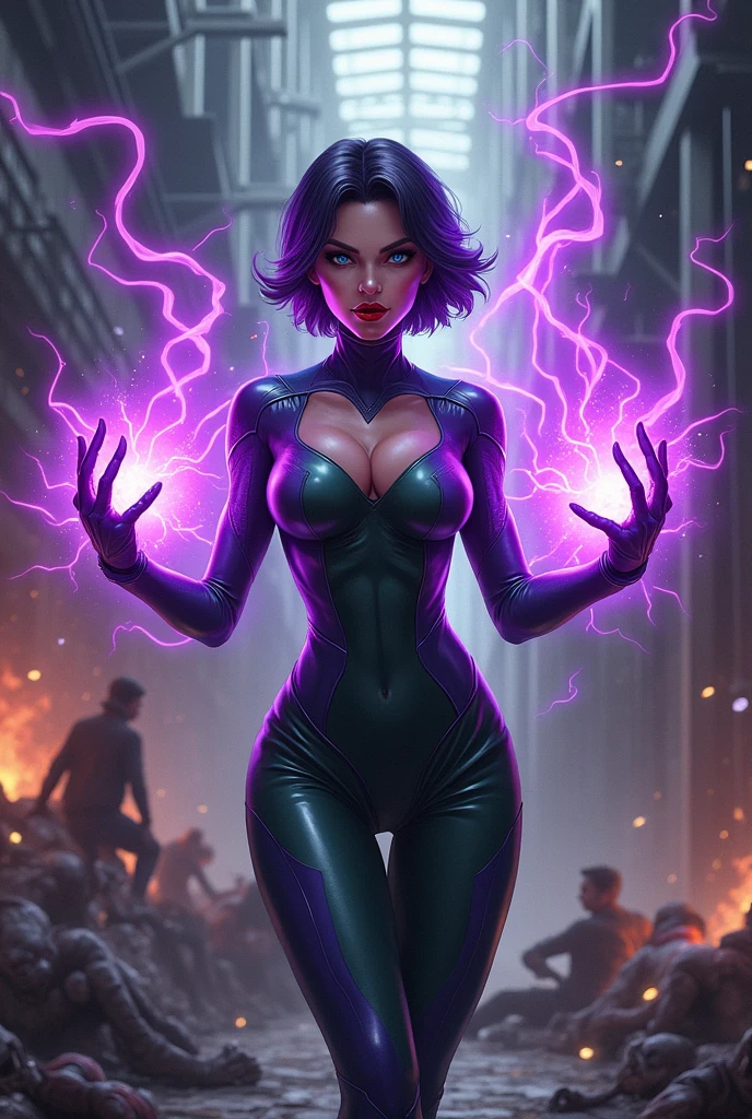 Dark purple short cropped haired villainess with magnetic powers, wearing a skintight purple and green costume and destroying a factory. Blue eyes, glossy red lips. Evil smirk. Purple magnetic energies swirl around her hands and create a protective aura around her body. Evil wins. Humans dying.