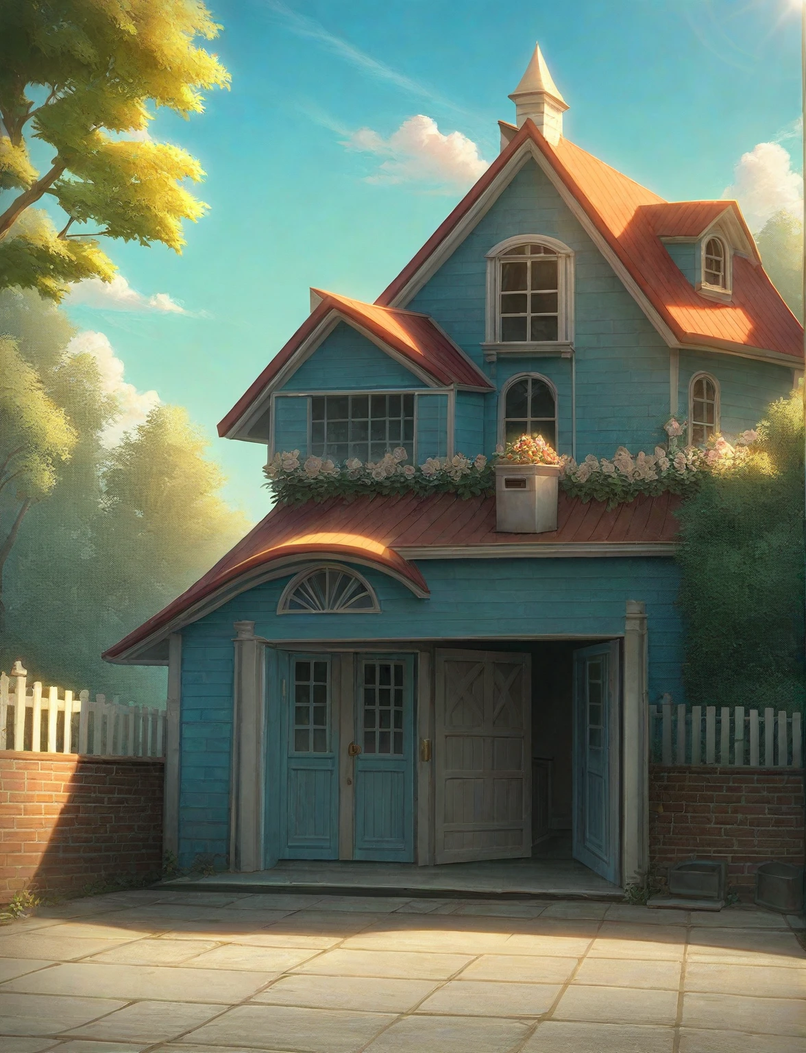 Minimalist architecture, the main materials of the house include white walls, blue concrete effect walls, Realistic images, extremely detailed, a modern house, 1 road in font of house, large yard made by ceramic, (1 car), brick fence, lawn, a few small flowers, a road in front of the house, main materials of the house are white walls and red brick, Modern design, clear blue sky, sunrise light, light from inside, dynamic light,shimering light, cinematic light, romantic feeling, (((day light, warm light)))