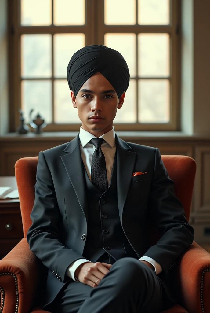 Muslim boy full body chair 💺 and relastic hendsom 1 stylish topi sir ke pichecharacter in the style of Thomas Shelby, front view, brightly colored image background, placing the character standing in front of a desk, looking towards the camera, hands in pockets, with a large window behind, sharp focus, lighting hyperrealistic and cinematic, highly detailed, 8k, autofocus create an incredibly realistic image