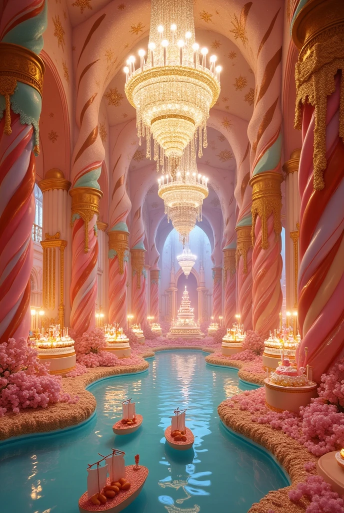 The hall of the Great Festival of the Realms was a fantasy spectacle that enchanted the senses of all who were lucky enough to experience it.. The imposing structure was a true work of art, designed to reflect the magical essence of the Candy Kingdom. The walls were covered with a shiny material that resembled crystallized sugar., capturing and reflecting light in a way that made the space look like a kaleidoscope of candy colors.
The columns supporting the roof were made of candy canes., me shades of pink,
golden and brown. They twisted and contorted into elegant shapes, as if they were dancing to the rhythm of an enchanted melody. About the columns, cotton candy curtains hung and swayed gently, creating an effect of colorful clouds that appeared to be floating.
The ceiling was a marvel in itself.. Decorated with glittering sugar stars and whipped cream clouds, he looked like an enchanted night sky, where every star twinkled and changed color, offering a mesmerizing spectacle. An elegant crystal chandelier, that looked more like a waterfall of chocolate drops, illuminated the hall with a soft golden light, creating a magical atmosphere.
In the center of the hall, an immense chocolate lake stretched out, its thick, golden waters reflecting the lights and colors around it. The lakeshore was decorated with fondant flowers and mint bushes., that released a sweet and refreshing aroma. Small caramel boats floated on the lake, offering guests the opportunity to take an enchanting stroll while savoring treats.
Buffet tables were arranged around the hall, covered with pastel colored silk towels, and were filled with incredibly decorated delicacies. Multi-layer cakes,
cupcakes adorned with glittery frosting and giant lollipops were within reach of guests, all presented in an artistic manner, as if they were exhibits in a candy museum.
Every corner of the