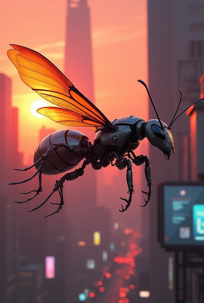 Create a ant flying in the sky cyberpunk in the sunset