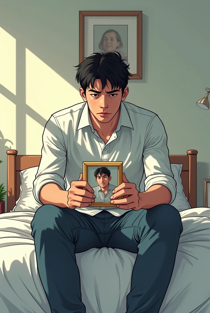 A man sitting in the side of the bed in his bedroom looking in a framed photo. Make it front view and manga style