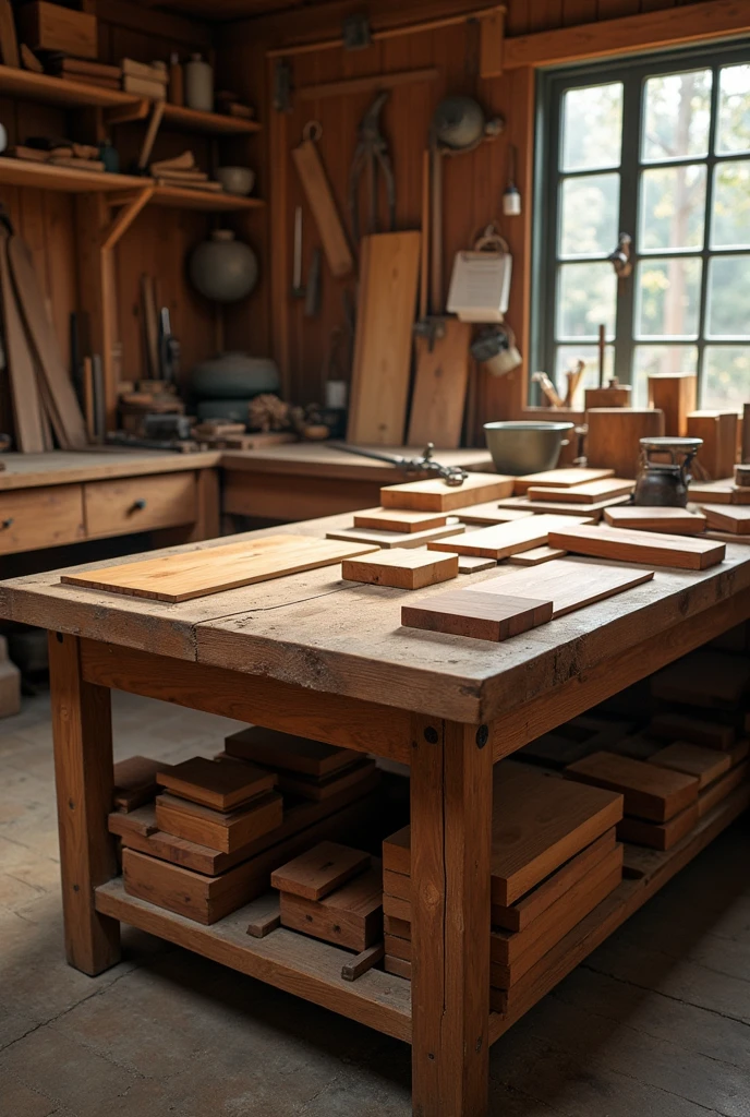 A carpenter work table with many wood