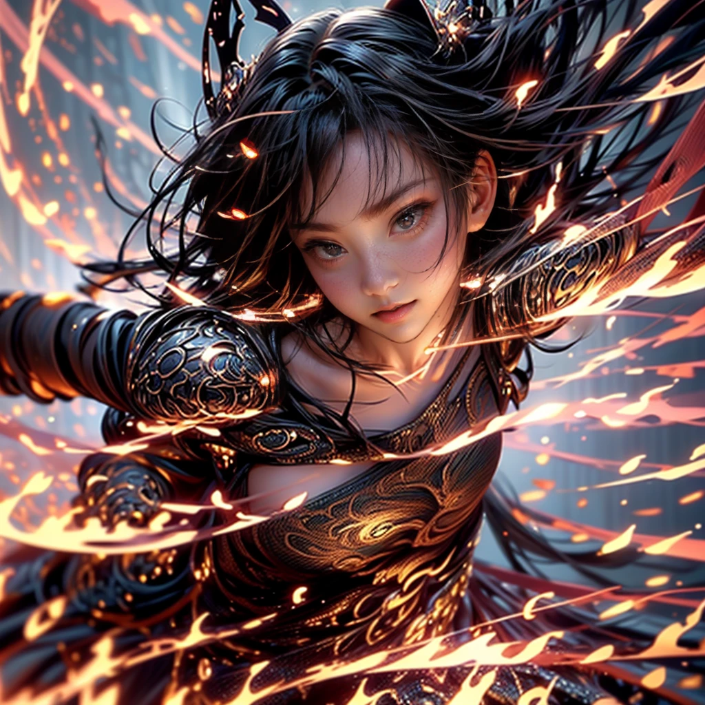 European Style、Fantasy Illustration、masterpiece: 1.2、Highest quality、High resolution、16K、Beautiful details、Ultra-realistic、Photorealistic: 1.37、(強力なswordを振るう)、((A girl surrounded by swirling flames))、A powerful figure that embodies the fierce and determined warrior spirit、Cat ear、銀hair、3DCG、3D Rendering、Attractive body、Energetic、Large Breasts、誘惑的な笑face、Moving lines、Moisturized Skin、(青いeye)、Attractive breasts、Delicate and beautiful(hair、face、eye、pupil、sword)、Full body wide view、Dynamic pose。