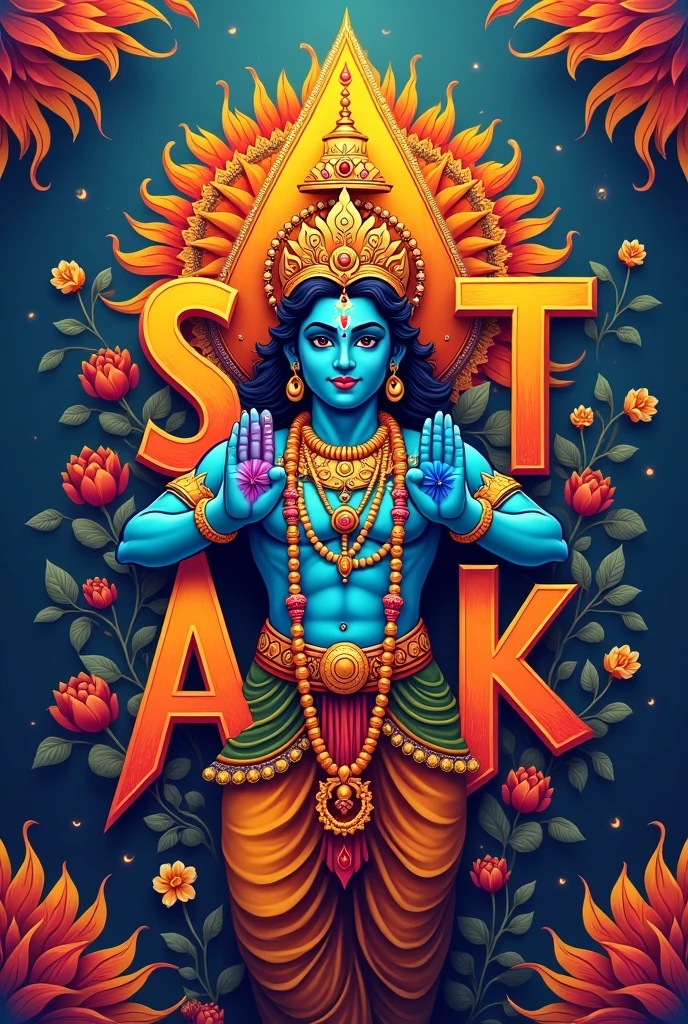 Generate a image wishing happy Krishna jayanthi to letters S T A K , Middle part should contain the wish happy Krishna jayanthi and around it 4 the letters "S", "T","A","K". Make it beautiful. Use Only 4 LETTERS and use each letter only once. Wish is important in middle