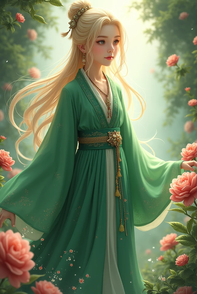 Boy, solo, (((green dress))), flowers, jewelry, long sleeves, wide sleeves, chinese clothes, hanfu, embroidery, long skirt, long flowing blond hair, detailed face, detailed beautiful eyes, (intricate:1.3), (arcane aura:1.2), (dreamlike:1.3), (subtle mist:1.1),(vibrant colors:1.2), (detailed hair:1.3), (ultra realistic details:1.5),