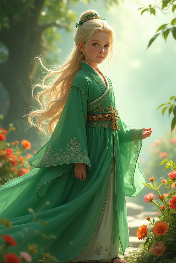 Boy, solo, (((green dress))), flowers, jewelry, long sleeves, wide sleeves, chinese clothes, hanfu, embroidery, long skirt, long flowing blond hair, detailed face, detailed beautiful eyes, (intricate:1.3), (arcane aura:1.2), (dreamlike:1.3), (subtle mist:1.1),(vibrant colors:1.2), (detailed hair:1.3), (ultra realistic details:1.5),