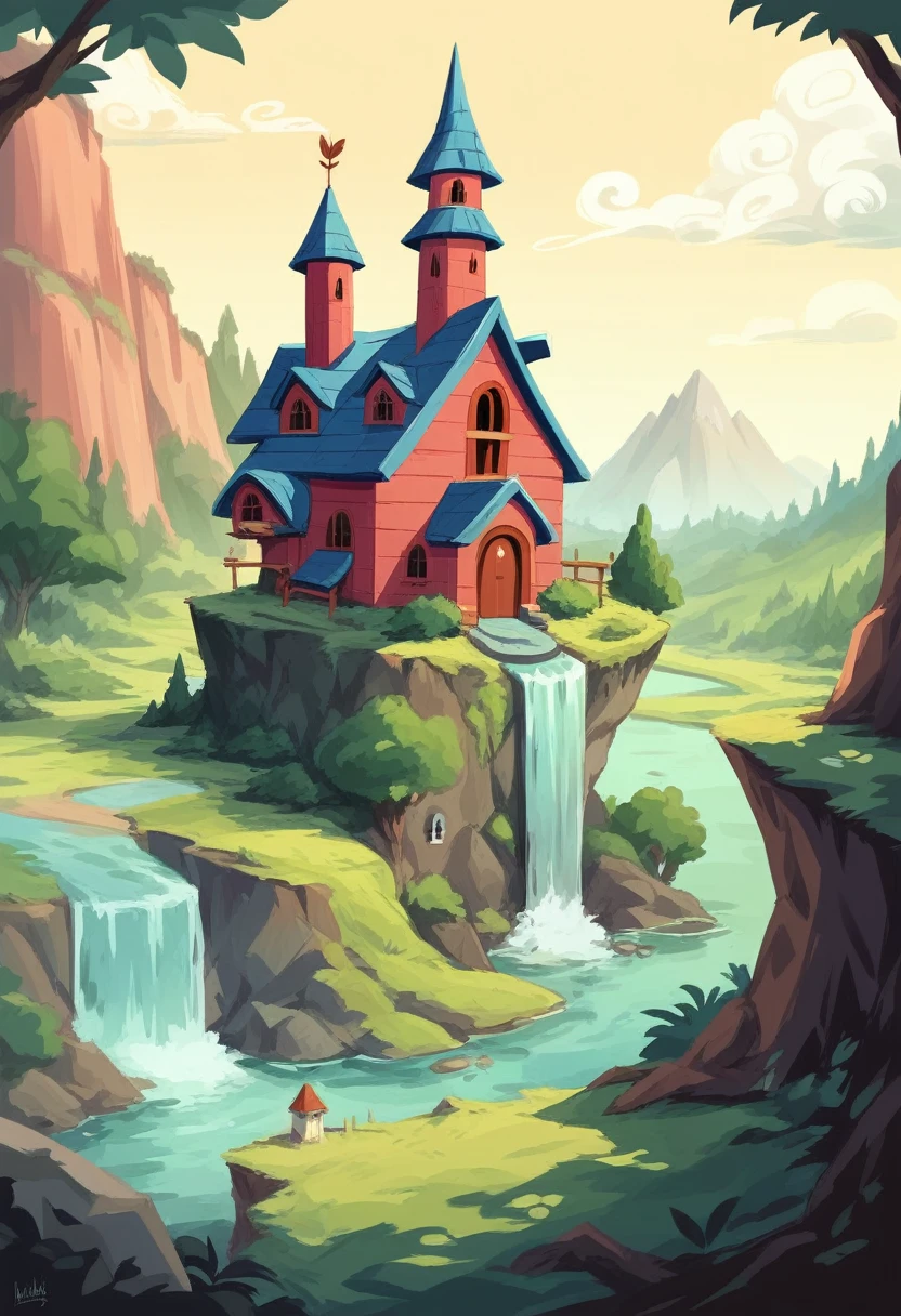 arafed house on a cliff overlooking a river with a waterfall, lake house, beatiful house, fantasy setting, beautiful place, build in a forest near of a lake, beautiful and mysterious, fantasy house, cozy place, setting in nature, fairy tale place, located in a castle, cottagecore!!, very close to real nature, idyllic cottage