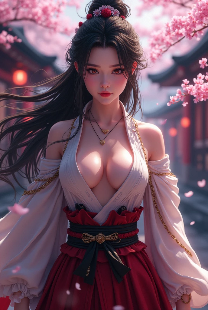 (Realistic:1.5, 8k, Highest quality, masterpiece, Ultra-high resolution), sengoku, god秘的:1.3, Highly detailed skin and facial textures:1.3, Beautiful female samurai with a Japanese sword:1.1, Very large breasts、Sexy beauty,Muscular、 Perfect Style, god, Fair skin, Very beautiful face, whole body、(Center of chest, Chest gap), (A shy smile, Her expression when she felt intense caresses, Facial expressions when feeling happy), (let me'Wearing a sexy Sengoku uniform:1.1, Off the shoulder), (Beautiful Skin, Beautiful erotic eyes:0.8), (Too erotic:0.9, attractive:0.9), whole bodyショット, 背景にある日本のgod社、Cherry Blossoms at Night