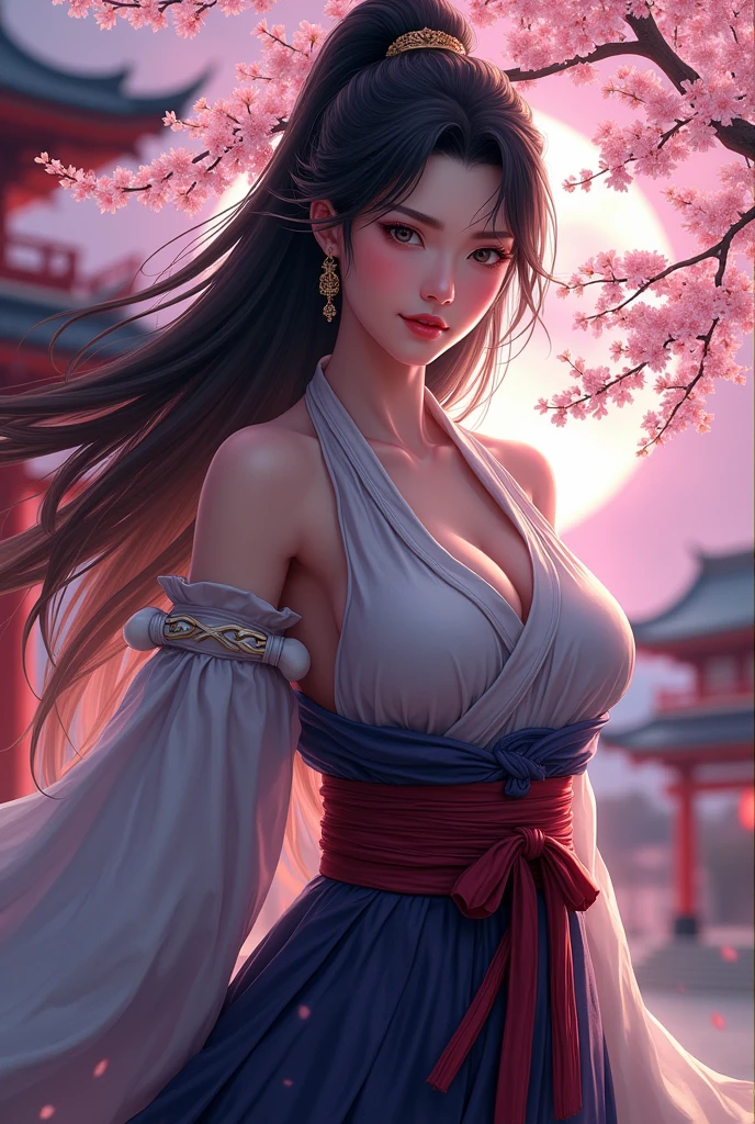 (Realistic:1.5, 8k, Highest quality, masterpiece, Ultra-high resolution), sengoku, god秘的:1.3, Highly detailed skin and facial textures:1.3, Beautiful female samurai with a Japanese sword:1.1, Very large breasts、Sexy beauty,Muscular、 Perfect Style, god,  Fair skin, Very beautiful face, whole body、(Center of chest, Chest gap), (A shy smile, Her expression when she felt intense caresses, Facial expressions when feeling happy), (let me&#39;Wearing a sexy Sengoku uniform:1.1, Off the shoulder), (Beautiful Skin, Beautiful erotic eyes:0.8), (Too erotic:0.9, attractive:0.9), whole bodyショット, 背景にある日本のgod社、Cherry Blossoms at Night