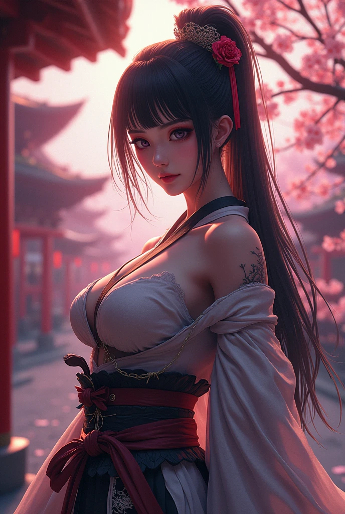 (Realistic:1.5, 8k, Highest quality, masterpiece, Ultra-high resolution), sengoku, god秘的:1.3, Highly detailed skin and facial textures:1.3, Beautiful female samurai with a Japanese sword:1.1, Very large breasts、Sexy beauty,Muscular、 Perfect Style, god, Fair skin, Very beautiful face, whole body、(Center of chest, Chest gap), (A shy smile, Her expression when she felt intense caresses, Facial expressions when feeling happy), (let me'Wearing a sexy Sengoku uniform:1.1, Off the shoulder), (Beautiful Skin, Beautiful erotic eyes:0.8), (Too erotic:0.9, attractive:0.9), whole bodyショット, 背景にある日本のgod社、Cherry Blossoms at Night