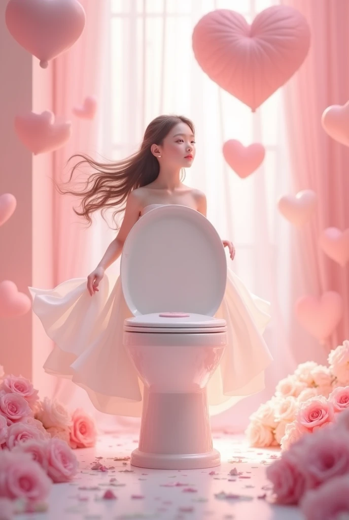 Porcelain girl is walking around the smart toilet in a romantic pink heart scene