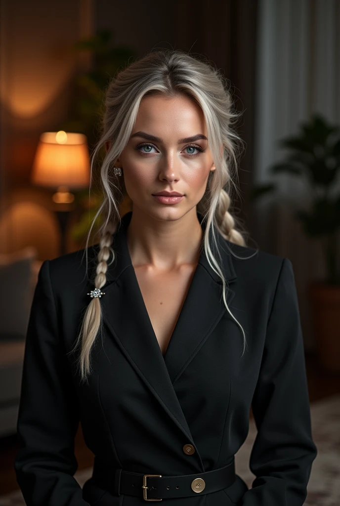 Russian girl elegant and proud, looks straight, Against the backdrop of a dark, cozy living room, light gray hair, good illumination of the face, realistically, photo, hair pulled back into two ponytails with sparkling hairpins