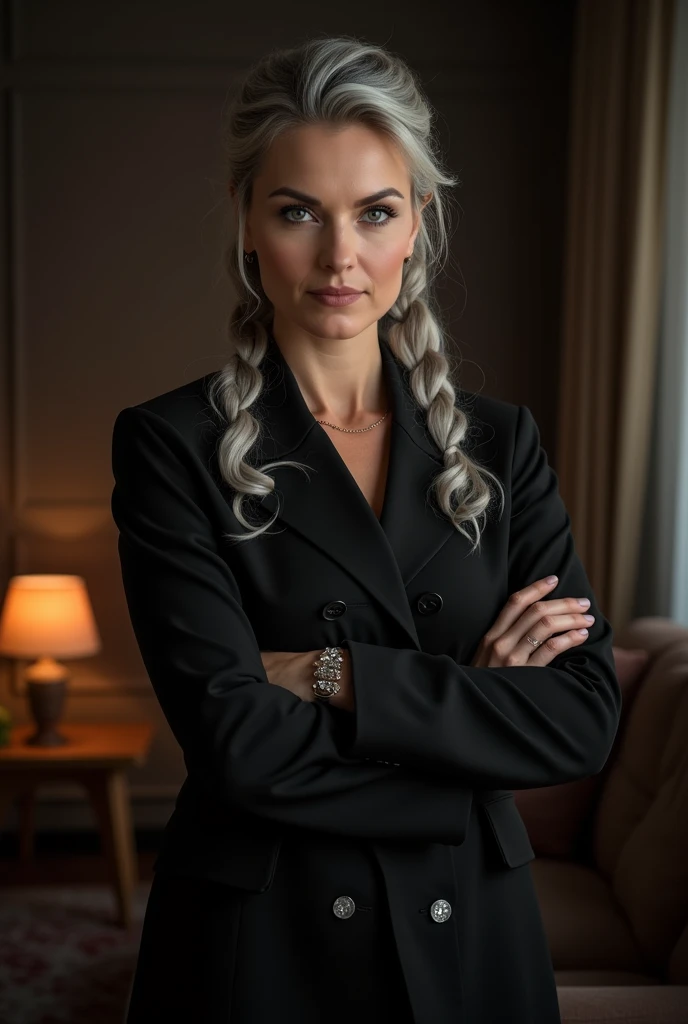 Russian girl elegant and proud, looks straight, Against the backdrop of a dark, cozy living room, light gray hair, good illumination of the face, realistically, photo, hair pulled back into two ponytails with sparkling hairpins