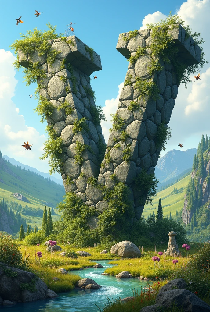 V alphabet stone material, on a green, vegetation, animals insects and birds around the v alphabet, river hills and sky on the background