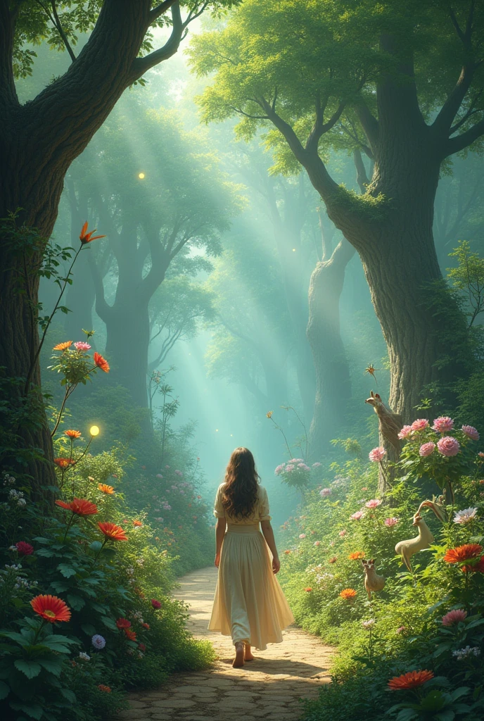 A tending to a magical garden, filled with fantastical creatures and glowing flowers.