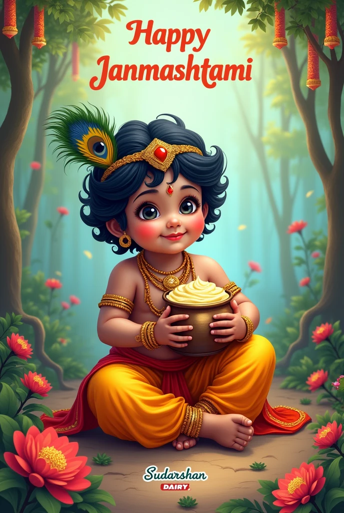 Make image  of child lord shri krishna holding the pot of butter  in hand  in sitting posture and   in  upper  side centre write Happy janmashtami and  down side  centre 
 well wishes : Sudarshan Dairy & Apna chemist 