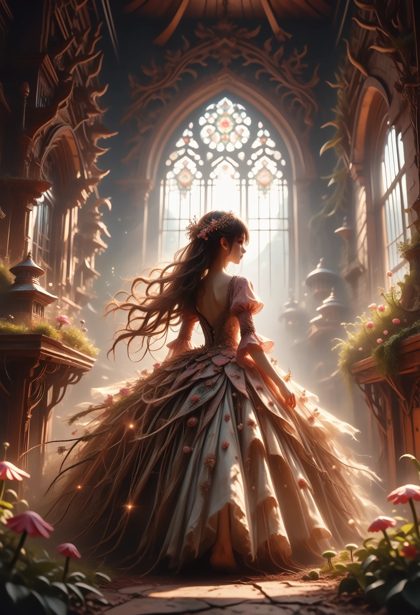 anime girl, sexy, fitting dress, sparkles, long hair, beautiful, Stands Pressed Against the Wall Near the House, Moss and mushrooms grow nearby, small flower beds, Vines around the house, masterpiece, clear detail, Full Picture Captivating Attention,cinematic film still,score_9,score_8_up,score_7_up,dramatic lighting,highly detailed,high budget,bokeh,cinemascope,moody,epic,gorgeous,film grain,grainy,masterpiece,best quality,perfect anatomy,very aesthetic,official art,8k,