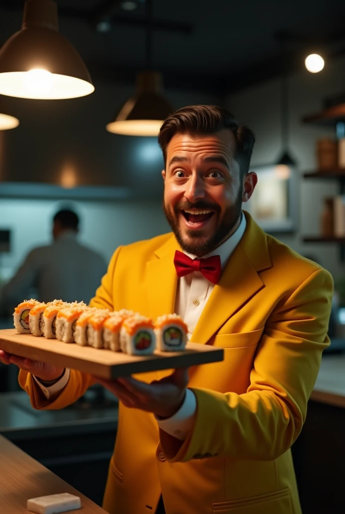 advertising photography, Angle from bottom to top, A man of European appearance with a round face, stubble on the face, hair on head combed to the side, looks up haughtily in a yellow jacket and red bow tie, very excitedly stretches out his hand in motion, holding delicious Japanese rolls, Studio Photography, studio lighting, realistic skin texture and detail, the man stands slightly sideways, background dark kitchen of a restaurant where they cook Japanese rolls, The photo was taken from the waist up