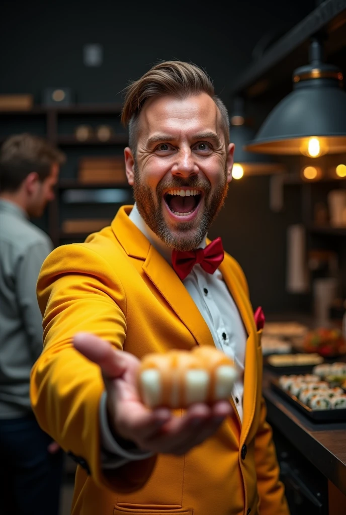 advertising photography, Angle from bottom to top, A man of European appearance with a round face, stubble on the face, hair on head combed to the side, looks up haughtily in a yellow jacket and red bow tie, very excitedly stretches out his hand in motion, holding delicious Japanese rolls, Studio Photography, studio lighting, realistic skin texture and detail, the man stands slightly sideways, background dark kitchen of a restaurant where they cook Japanese rolls, The photo was taken from the waist up