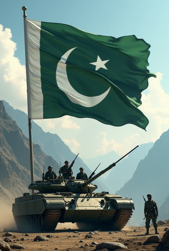 Pakistan big flag moving in wind and it is capturing by a team of Muslim soldiers and with full of swords and other modern weapons and sitting on a tank in khasmir land
