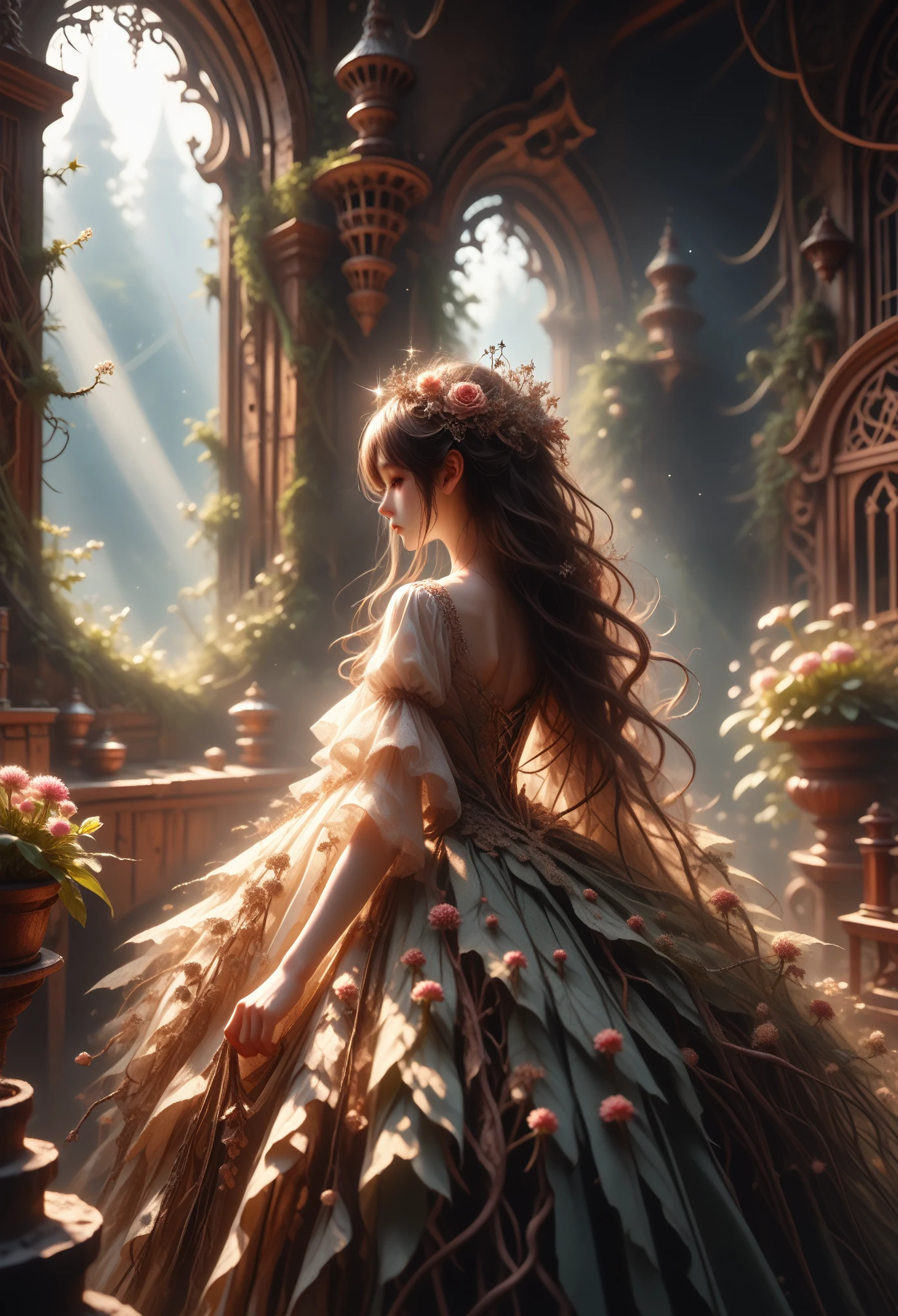 anime girl, sexy, fitting dress, sparkles, long hair, beautiful, Stands Pressed Against the Wall Near the House, Moss and mushrooms grow nearby, small flower beds, Vines around the house, masterpiece, clear detail, Full Picture Captivating Attention,cinematic film still,score_9,score_8_up,score_7_up,dramatic lighting,highly detailed,high budget,bokeh,cinemascope,moody,epic,gorgeous,film grain,grainy,masterpiece,best quality,perfect anatomy,very aesthetic,official art,8k,