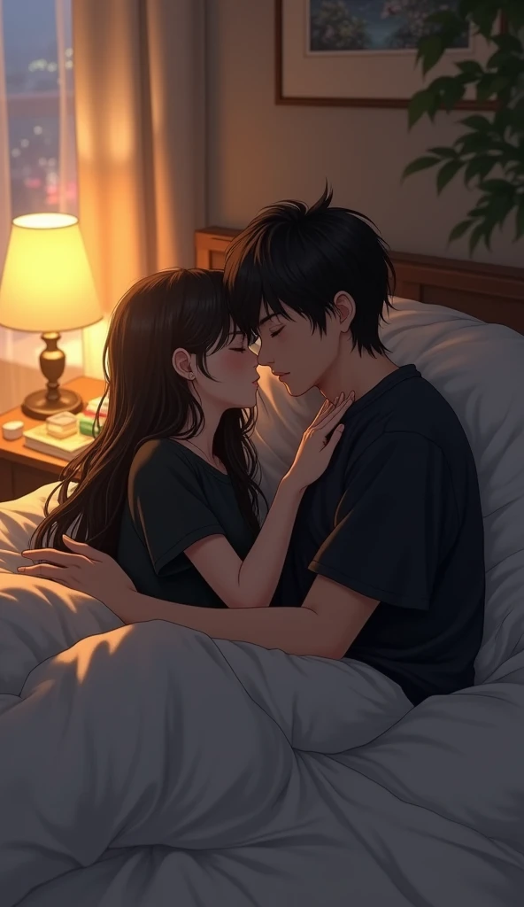 In a softly illuminated bedroom, a 2 boy and a girl, both dressed in matching black shirts, share an intimate moment that exudes warmth and affection. The girl lies comfortably on the neatly made bed, her hair cascading around her head like a soft halo, her black shirt slightly creased from her relaxed posture. She holds the boy close to her, one arm wrapped securely around him, her fingers gently brushing through his hair.
The boy, nestled into her embrace, rests his head against her chest, his eyes softly closed as he takes in the steady rhythm of her breathing. His black shirt clings to his frame, and the soft light from the nearby bedside lamp casts a gentle, golden hue over their bodies, highlighting the serene expressions on their faces. The air between them feels charged with quiet understanding, the world outside fading into insignificance as they find solace in each other’s presence.
The room itself is simple but comforting—white sheets neatly tucked under them, a few scattered books on the bedside table, and dim curtains swaying gently as a breeze whispers through a slightly cracked window. The soft hum of the night outside enhances the stillness inside, wrapping the couple in a cocoon of intimacy, where words are unnecessary, and only the warmth of their embrace speaks volumes.