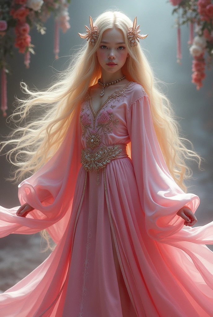 Boy, solo, ((( pink dress))), flowers, jewelry, long sleeves, wide sleeves, chinese clothes, hanfu, embroidery, long skirt, long flowing blond hair, detailed face, detailed beautiful eyes, (intricate:1.3), (arcane aura:1.2), (dreamlike:1.3), (subtle mist:1.1),(vibrant colors:1.2), (detailed hair:1.3), (ultra realistic details:1.5),