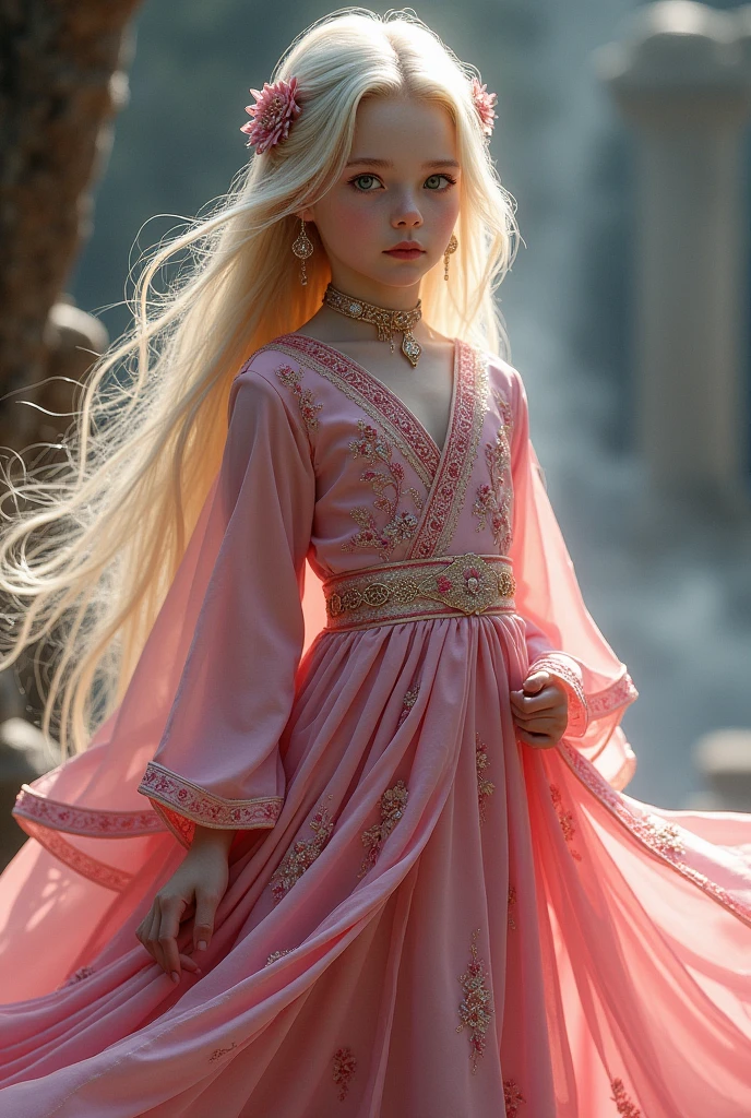 Boy, solo, ((( pink dress))), flowers, jewelry, long sleeves, wide sleeves, chinese clothes, hanfu, embroidery, long skirt, long flowing blond hair, detailed face, detailed beautiful eyes, (intricate:1.3), (arcane aura:1.2), (dreamlike:1.3), (subtle mist:1.1),(vibrant colors:1.2), (detailed hair:1.3), (ultra realistic details:1.5),
