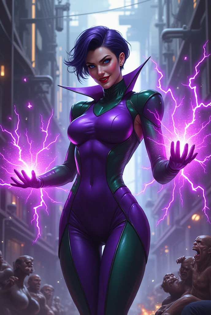 Dark purple short cropped haired villainess with magnetic powers, wearing a skintight purple and green costume and destroying a factory. Blue eyes, glossy red lips. Evil smirk. Purple magnetic energies swirl around her hands and create a protective aura around her body. Evil wins. Humans dying.