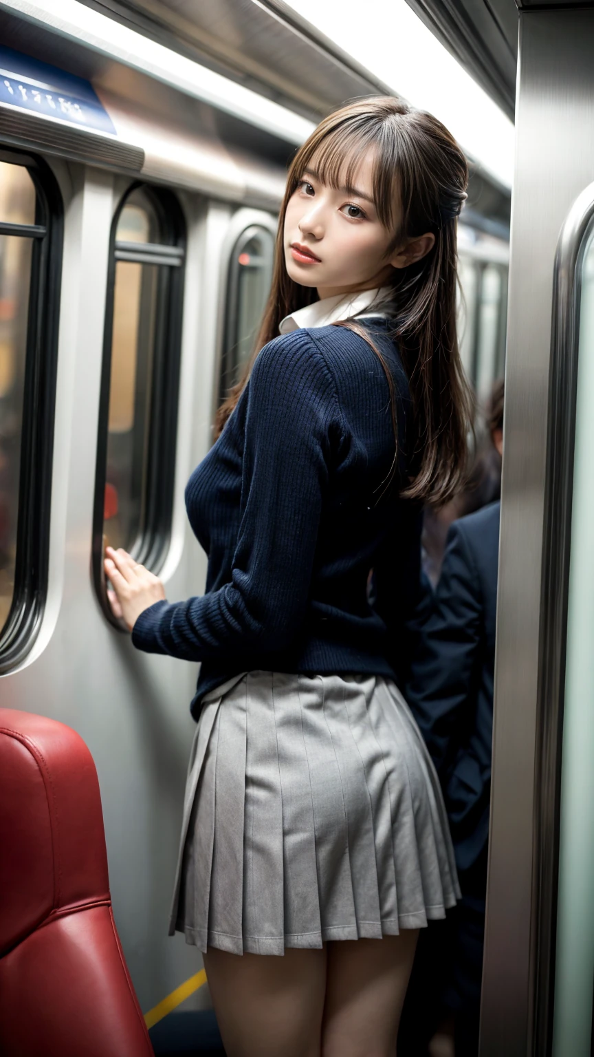 NSFW, crowded train, Japan , Handsome man hugging her from behind, Talking in her ear, lift her up, miniskirt twisted upwards, 40k, photograph, masterpiece, highest quality, dark gray background, ((Japan girls' high school uniform)), A man leans on her from behind、I held you up, Mr.々Hit the pose., large breasts