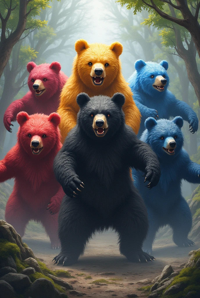 ５Body of brown bear「bears５」。bears５teeth、A hero who protects the natural world from evil.。レッドベアーteeth、Be a leader、Controlling Fire、Burn the enemy。ブルーベアーteeth、Freeze everything with the power of ice。イエローベアーteeth、Utilizing its large size、Boasting an offensive power that cannot be defeated by any force。ブラックベアーteeth、A master swordsman、Cut through anything。ピンクベアーteeth、In charge of sex appeal。